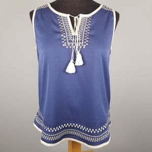 NWT: Gold embroidered blue sleeveless top